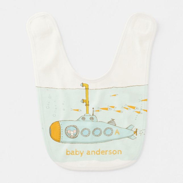 Elegant Cute Underwater Submarine Fish Monogram Baby Bib (Front)