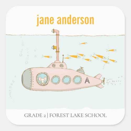 Elegant Cute Underwater Submarine Kids Monogram Square Sticker