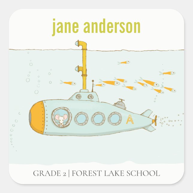 Elegant Cute Underwater Submarine Kids Monogram Square Sticker (Front)