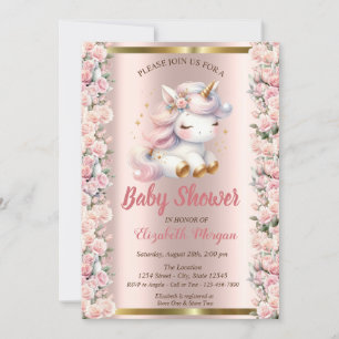 Elegant Cute Unicorn Roses Rose Gold Baby Shower  Invitation