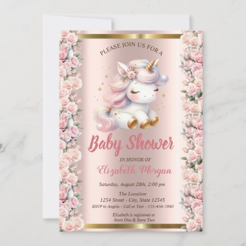 Elegant Cute Unicorn Roses Rose Gold Baby Shower  Invitation