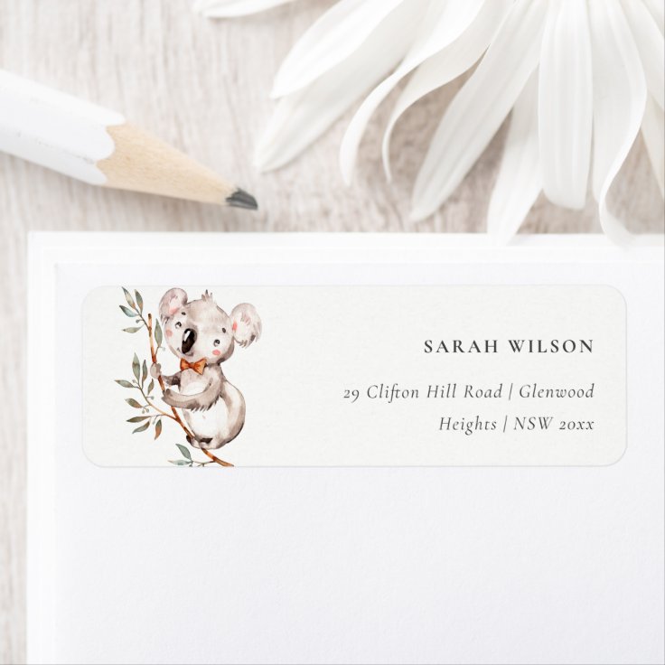 Elegant Cute Watercolor Baby Koala Foliage Address Label Zazzle