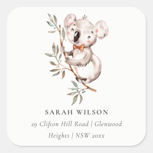 Elegant Cute Watercolor Baby Koala Foliage Address Square Sticker