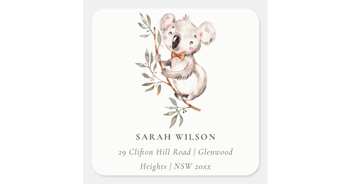 Elegant Cute Watercolor Baby Koala Foliage Address Square Sticker Zazzle