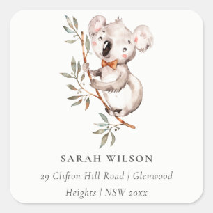 Elegant Cute Watercolor Baby Koala Foliage Address Square Sticker