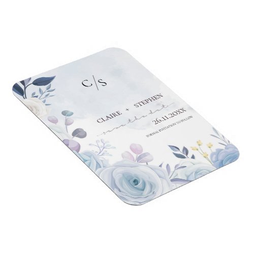 Elegant Cute Watercolor Dusty Blue Floral Wedding Magnet