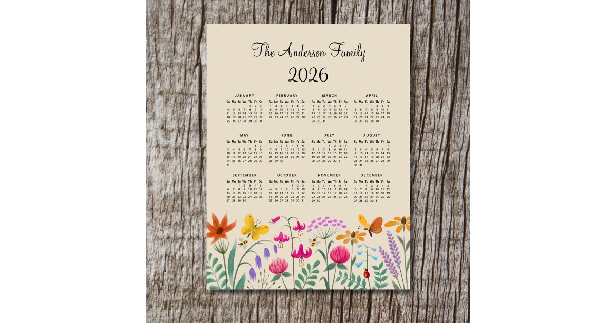 Elegant Cute Watercolor Wildflowers Calendar 2026 | Zazzle