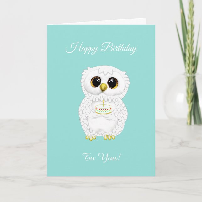 Elegant Cute White Birthday Owl on Teal Card (Front)