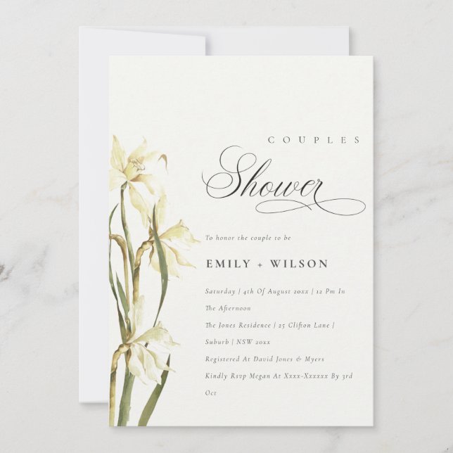 Elegant Cute White Daffodil Couples Shower Invite (Front)