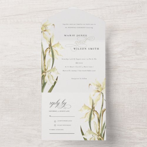 Elegant Cute White Daffodil Floral Wedding All In One Invitation