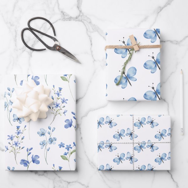 Elegant Cute Wildflowers and Butterflies Wrapping Paper Sheets (Front)