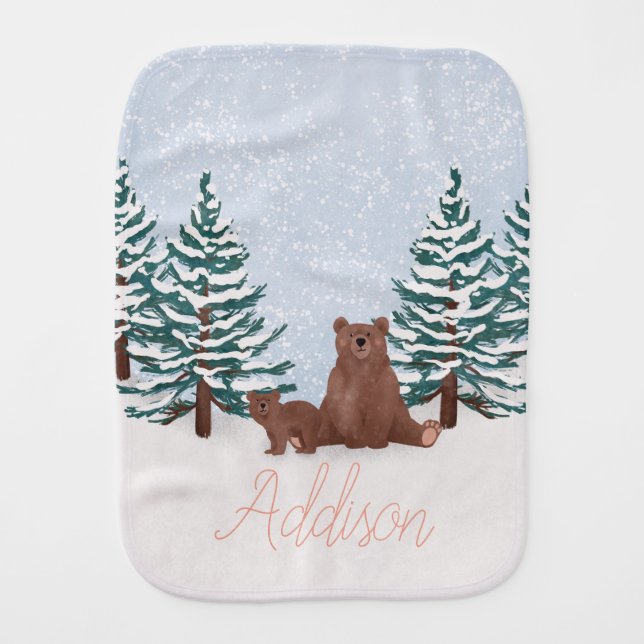 Elegant Cute Winter Bears and Woodland Trees Baby Burp Cloth (Front)