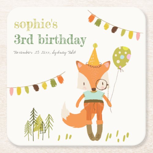Elegant Cute Woodland Fun Party Fox Kids Birthday Square Paper Coaster