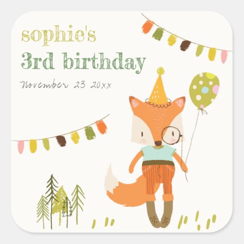 Elegant Cute Woodland Fun Party Fox Kids Birthday Square Sticker