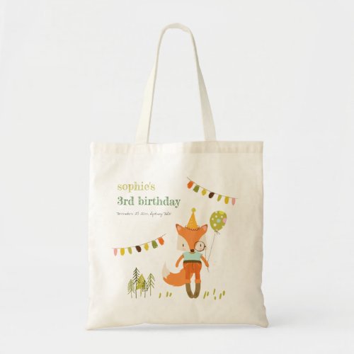 Elegant Cute Woodland Fun Party Fox Kids Birthday Tote Bag