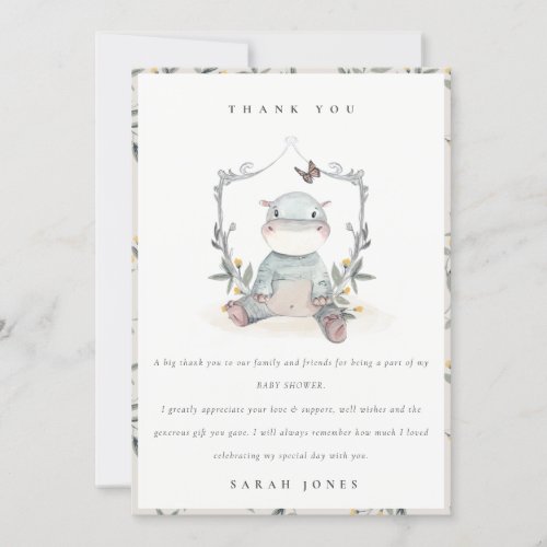 Elegant Cute Yellow Baby Hippo Foliage Baby Shower Thank You Card