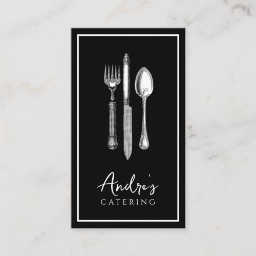 Elegant Cutlery Logo Catering Black Business Card