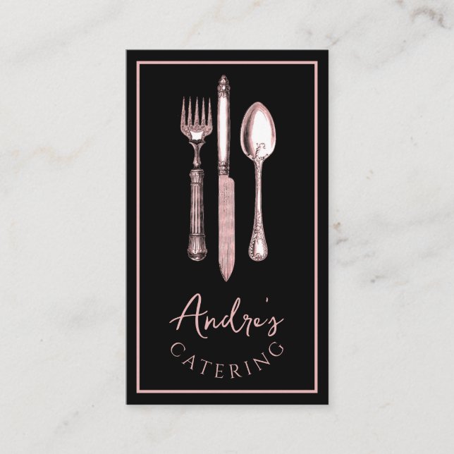 Elegant Cutlery Logo Catering Black Business Card (Front)