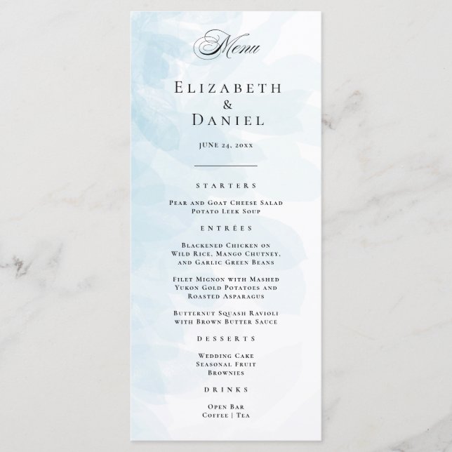 Elegant Cyan Blue Watercolor Wedding Menu (Front)
