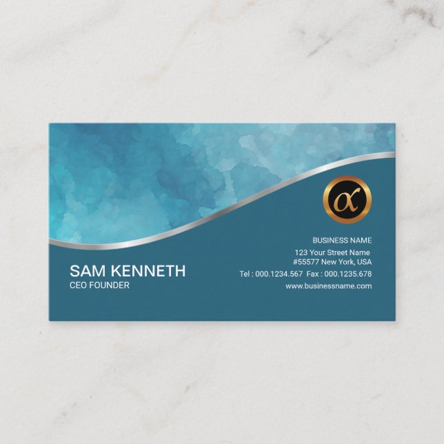 Elegant Cyan Cloud Grunge Gold Wave CEO Founder Business Card (Front)