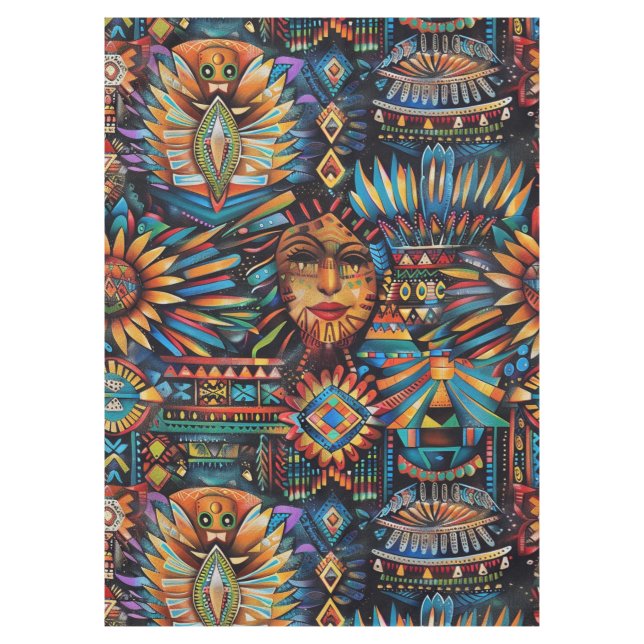 Elegant Cyan "Pre-Columbian Tapestry" Tablecloth 6 (Front)