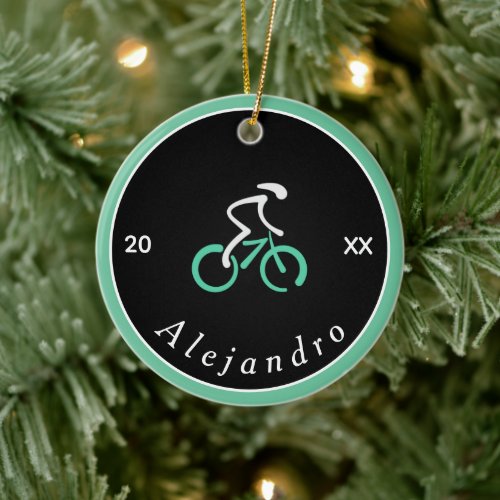 Elegant Cyclist Logo Cycling Theme Bike Name Year Ceramic Ornament