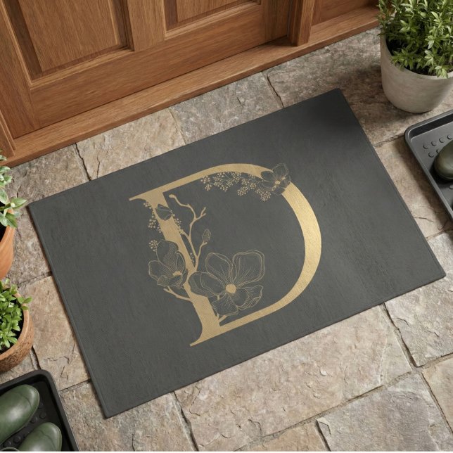 Elegant D Boho Floral Monogram Initial Gray Gold Doormat (Creator Uploaded)
