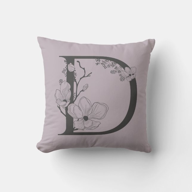 Elegant D Boho Floral Monogram Initial Lilac Gray Throw Pillow (Front)