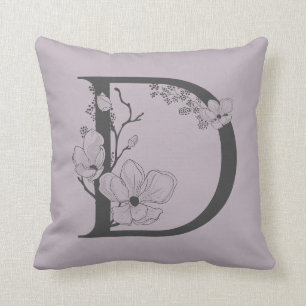 Elegant D Boho Floral Monogram Initial Lilac Gray Throw Pillow
