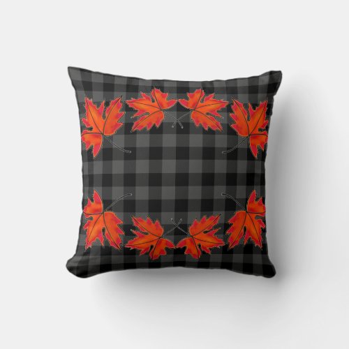 Elegant d leaves Red Maple leaves gray plaid Throw Pillow