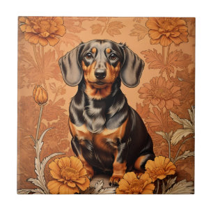 Elegant Dachshund And Marigolds Ceramic Tile