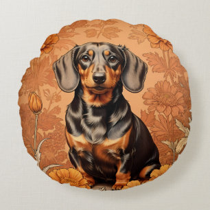 Elegant Dachshund And Marigolds   Round Pillow