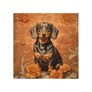 Elegant Dachshund And Marigolds   Wood Wall Art