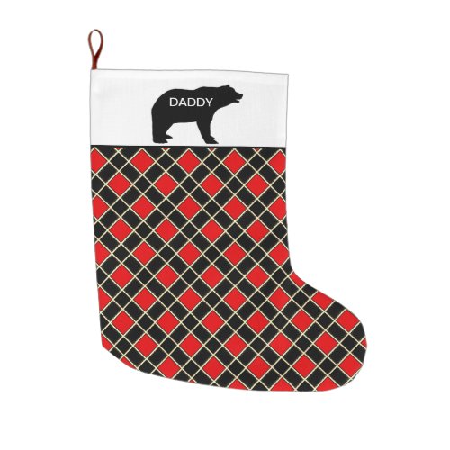 Elegant Daddy Bear on Black  Red Diamond Pattern Large Christmas Stocking