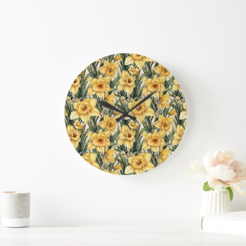 Elegant Daffodil Yellow Watercolor Flowers  Large Clock