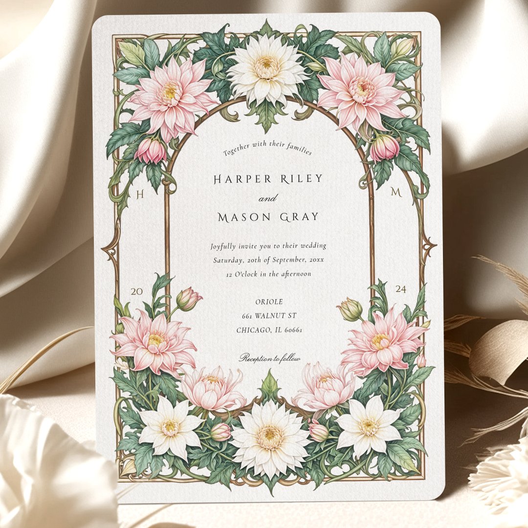 Elegant Dahlia Art Nouveau Wedding Soft Pink                    Invitation