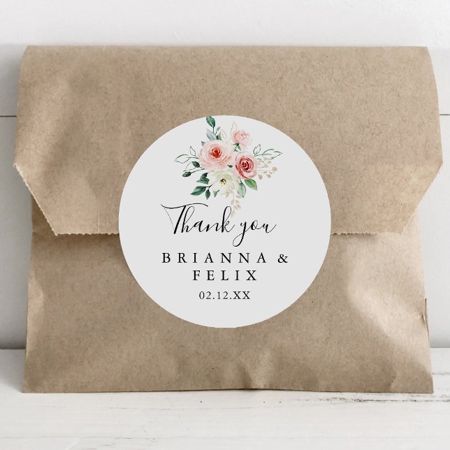 Elegant Dainty Floral Thank You Wedding Favor Classic Round Sticker (Creator Uploaded)