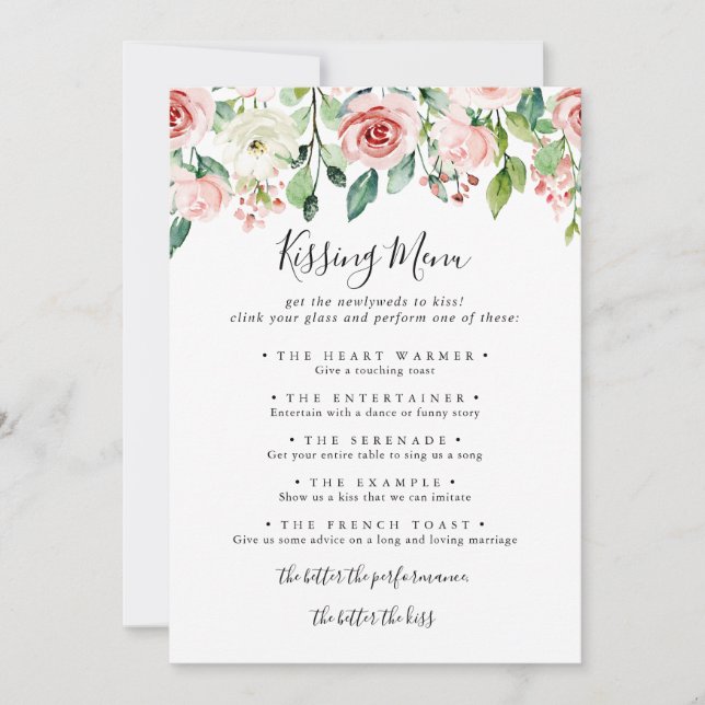 Elegant Dainty Wedding Kissing Menu Game Card (Front)