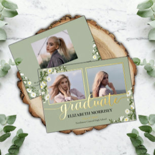 Elegant Daisies 3 Photo Graduate Graduation Sage Foil Invitation