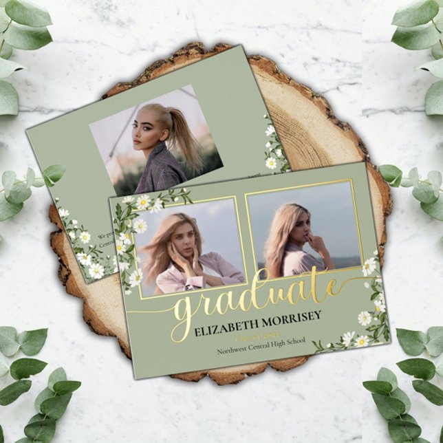 Elegant Daisies 3 Photo Graduate Graduation Sage Foil Invitation (Creator Uploaded)