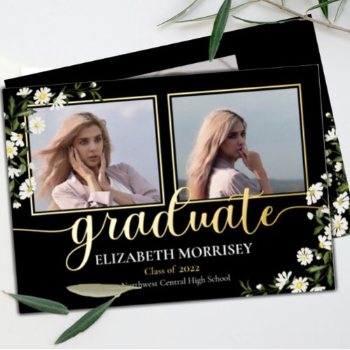 Elegant Daisies Black 3 Photo Graduate Graduation Foil Invitation