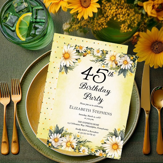 Elegant Daisies Garden Floral 45th Birthday Party Invitation (Elegant Daisies Garden Floral 45th Birthday Party Invitation - Print and/or Digital Download)
