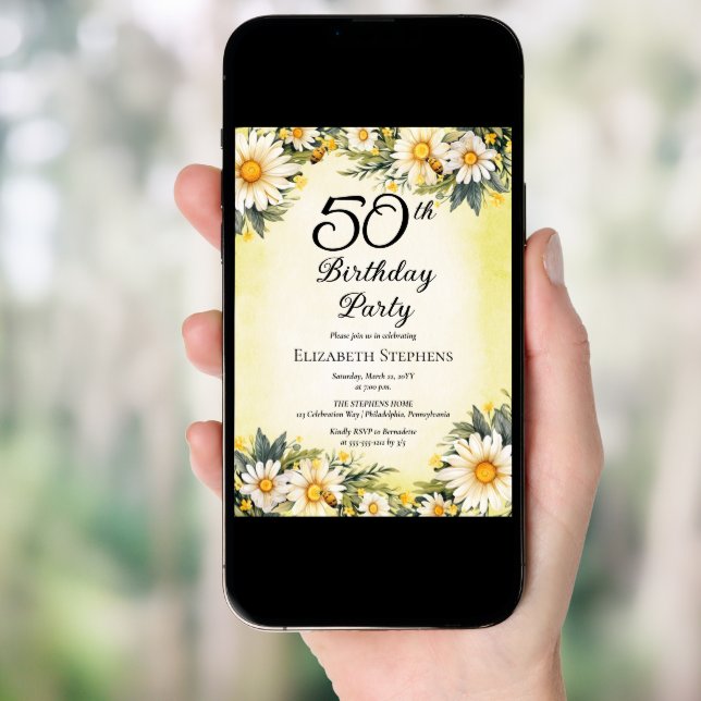 Elegant Daisies Garden Floral 50th Birthday Party Invitation (Front Digital)