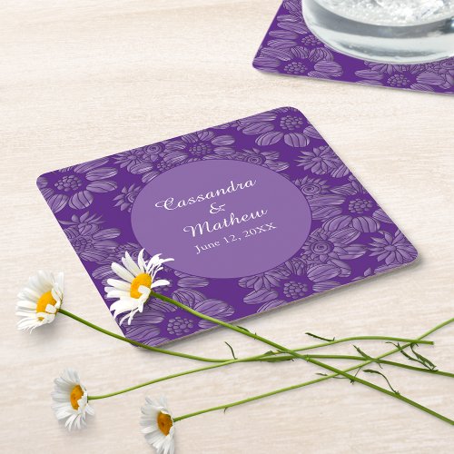Elegant Daisies in Floral Royal Purple Wedding Square Paper Coaster