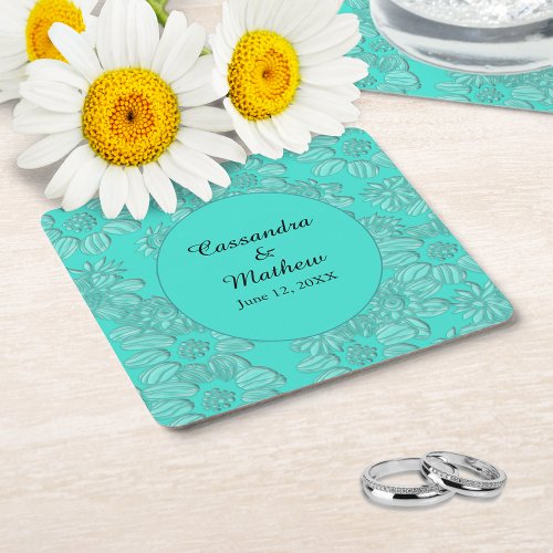 Elegant Daisies in Floral Turquoise Wedding Square Paper Coaster