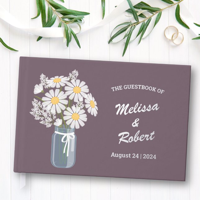 Elegant Daisies Mason Jar Wedding Foil Purple Foil Guest Book (Creator Uploaded)