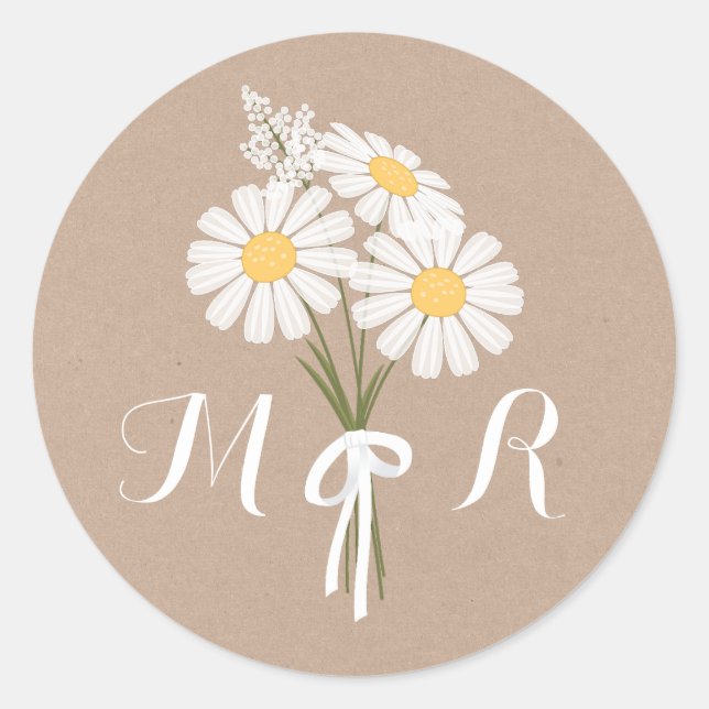 Elegant Daisies Monogram Initials Beige Wedding Classic Round Sticker (Front)