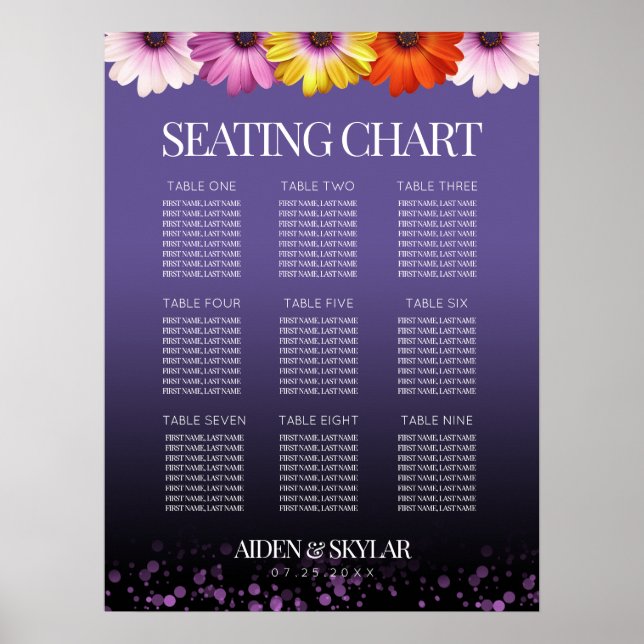 Elegant Daisies on Purple Wedding Seating Chart  (Front)