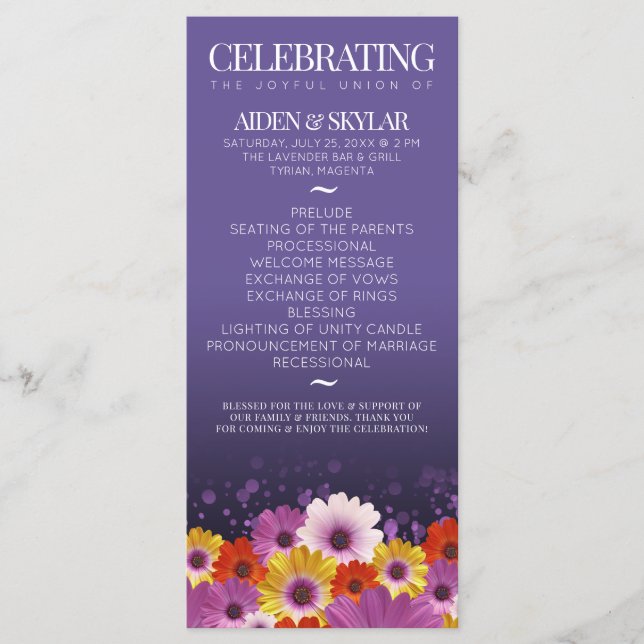 Elegant Daisies Purple Glitter Wedding Program (Front)