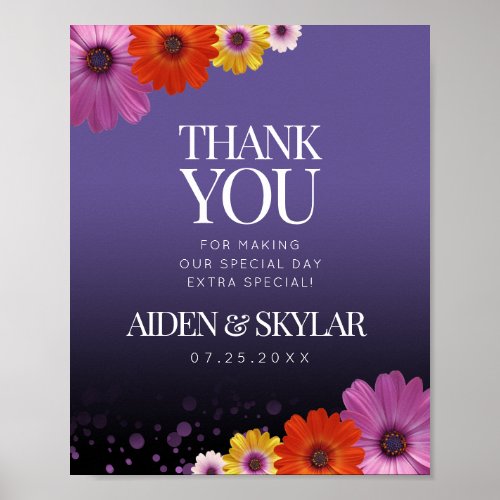 Elegant Daisies Purple Glitter Wedding Thank You Poster
